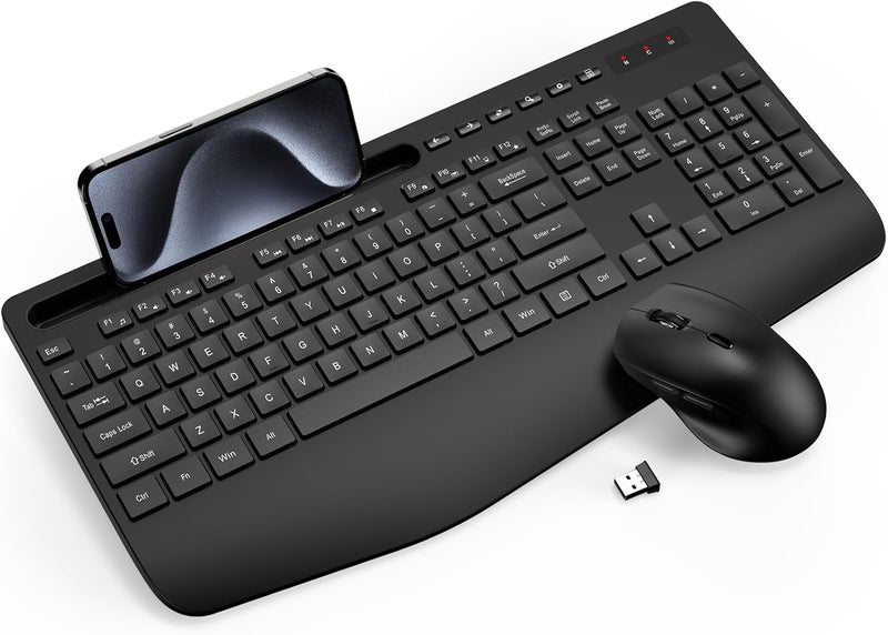 Trueque Wireless Keyboard and Mouse Combo - Full-Sized Ergonomic Keyboard with Wrist Rest, Phone Holder, Sleep Mode, Silent 2.4GHz Cordless Keyboard Mouse Combo for Computer, Laptop, PC, Mac, Windows - - Image 1